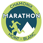 Logo vert homme courant devant une montagne Marathon du Mont Blanc