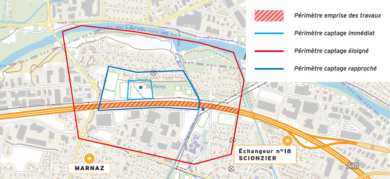 Carte relatant les différentes zones de captage de Valignons ainsi que la zone des travaux ©ATMB