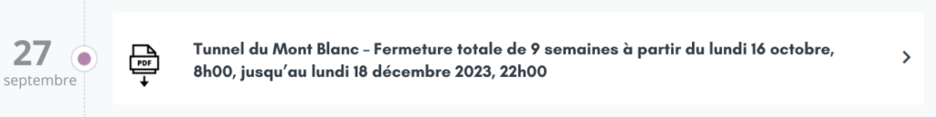 Communiqué de presse Tunnel du Mont Blanc : Fermeture totale de 9 semaines à partir du lundi 16 octobre, 8h 30, jusqu'au lundi 18 décembre 2023, 22h00